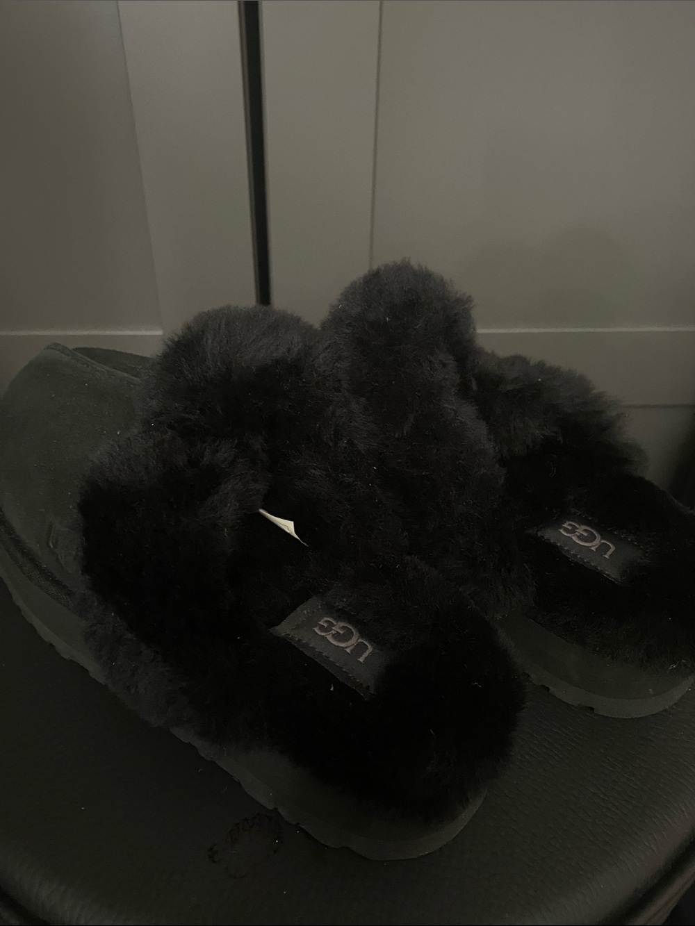 UGG Black Plush Crossover Slide Slippers